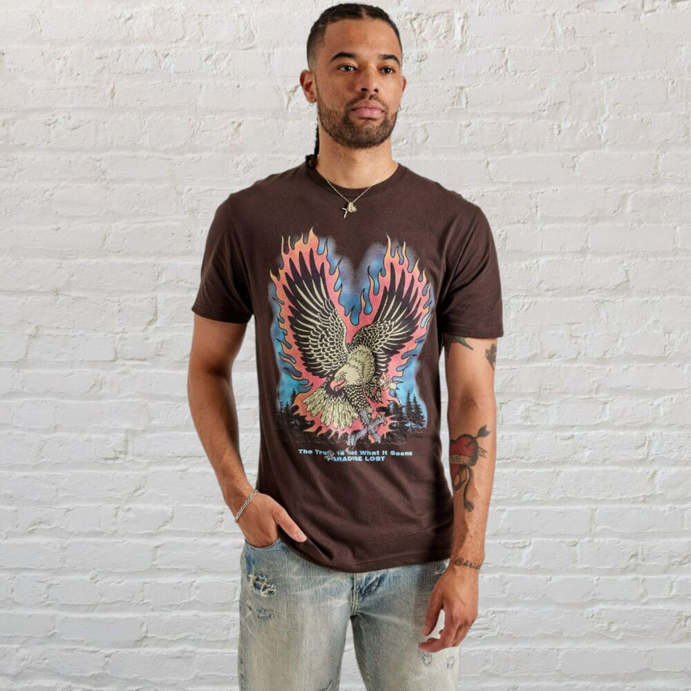 Paradise Lost Eagle Graphic Tee M Brown Flames Streetwear Edgy Grunge Skater